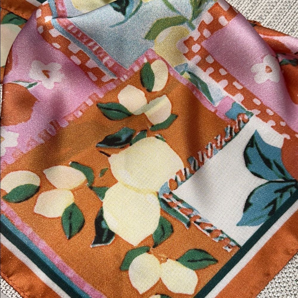nOir Orange Pink Green Lemon Berry Floral Square Satin Head Neck Bag Scarf